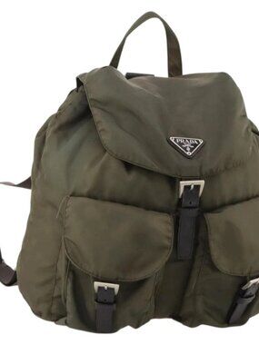 PRADA Backpack Nylon Khaki Silver Auth ti3677
